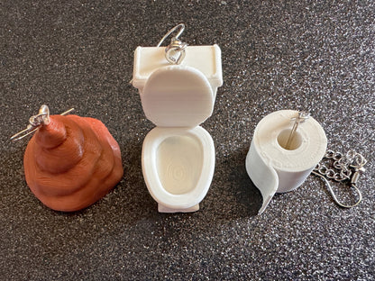 3D-Printed Toilet Themed Earrings: Toilet Paper, Poop, Bathroom, Loo, Restroom, Water Closet, WC, Wipe, Novelty, Best Gifts for Her/Him/Them