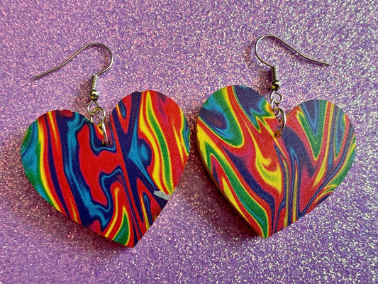 Acrylic Pour Heart Earrings: Laser Cut Acrylic Rainbows, Colorful, Paint Splatter, Psychedelic, Magic, Pride, Art, Gifts for Her/Him/Them