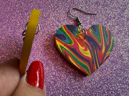 Acrylic Pour Heart Earrings: Laser Cut Acrylic Rainbows, Colorful, Paint Splatter, Psychedelic, Magic, Pride, Art, Gifts for Her/Him/Them