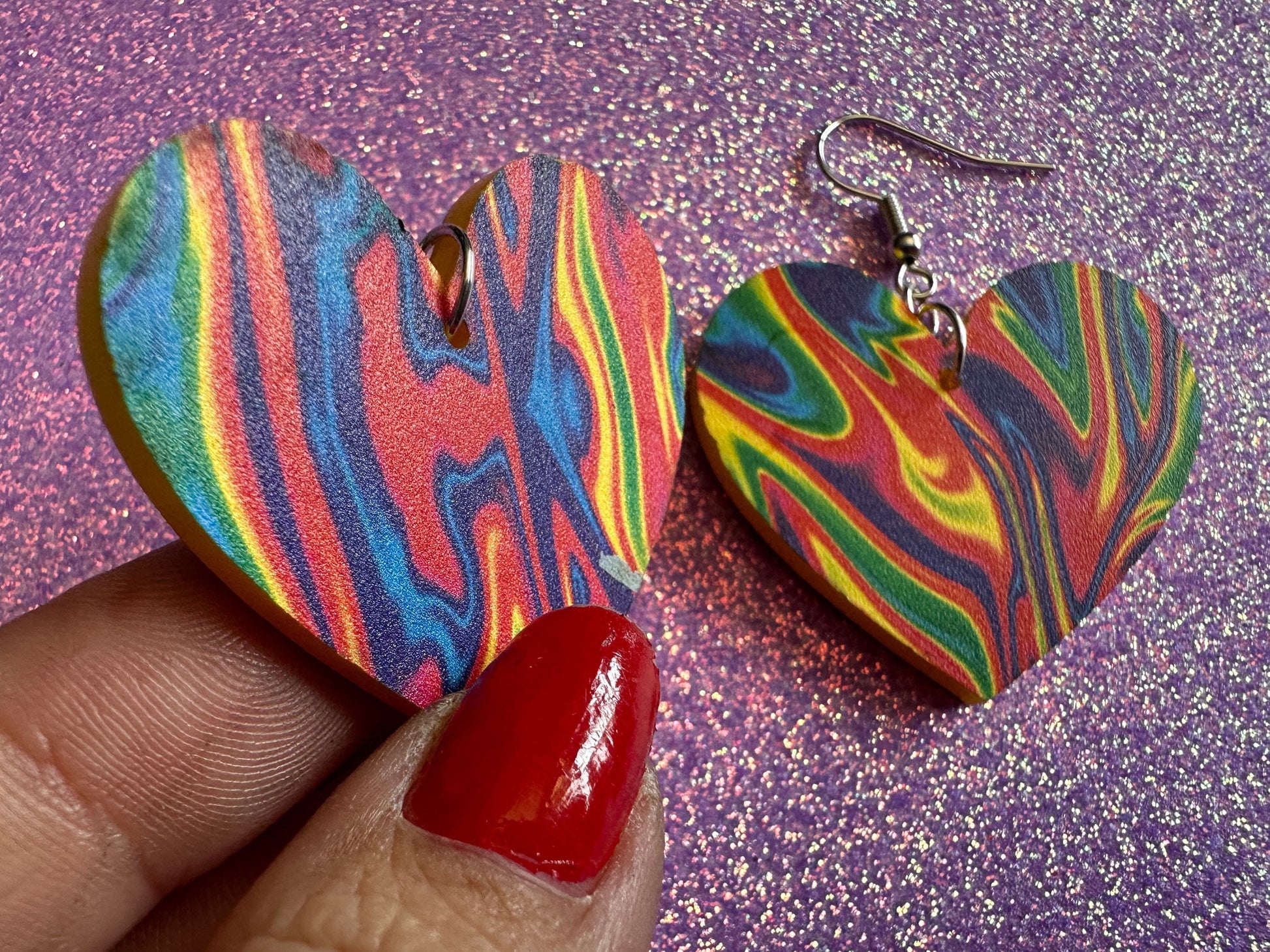 Acrylic Pour Heart Earrings: Laser Cut Acrylic Rainbows, Colorful, Paint Splatter, Psychedelic, Magic, Pride, Art, Gifts for Her/Him/Them