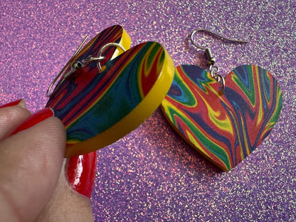 Acrylic Pour Heart Earrings: Laser Cut Acrylic Rainbows, Colorful, Paint Splatter, Psychedelic, Magic, Pride, Art, Gifts for Her/Him/Them