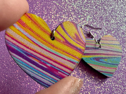 Acrylic Pour Heart Earrings: Laser Cut Acrylic Rainbows, Colorful, Paint Splatter, Psychedelic, Magic, Pride, Art, Gifts for Her/Him/Them