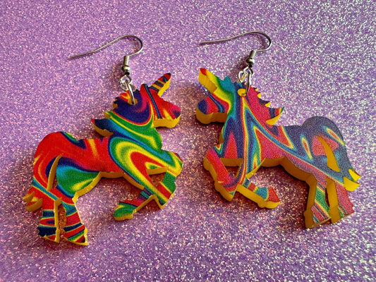 Acrylic Pour Unicorn Earrings: Laser Cut Acrylic Unicorns, Rainbow, Magic, Magical Creature, Pride, Colorful, Gifts for Her/Him/Them