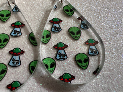 Alien Earrings: Laser Cut Acrylic Aliens, Cow Abduction, Area 51, Aliens, Extraterrestrial, Astronomy, Gag Gift, Best Gifts for Her/Him/Them