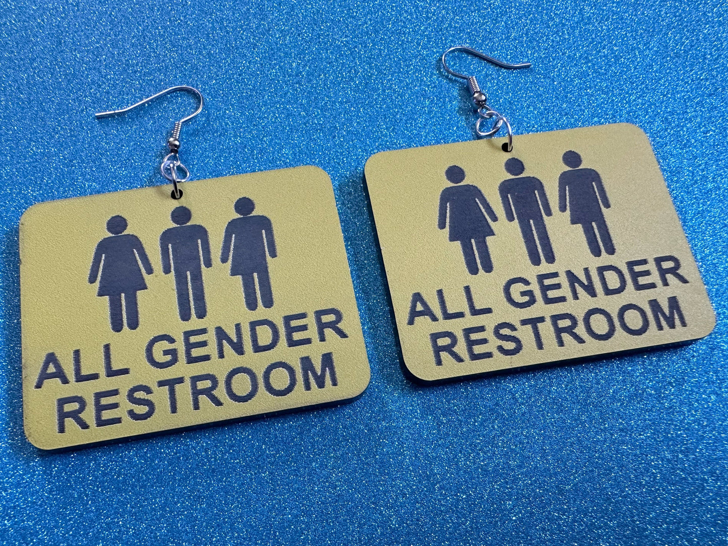 All Gender Restroom Sign Earrings: Laser Cut Acrylic Earrings, Black and Yellow, LGBTQ+, Pride, Inclusive, Best Gifts for Her/Him/Them