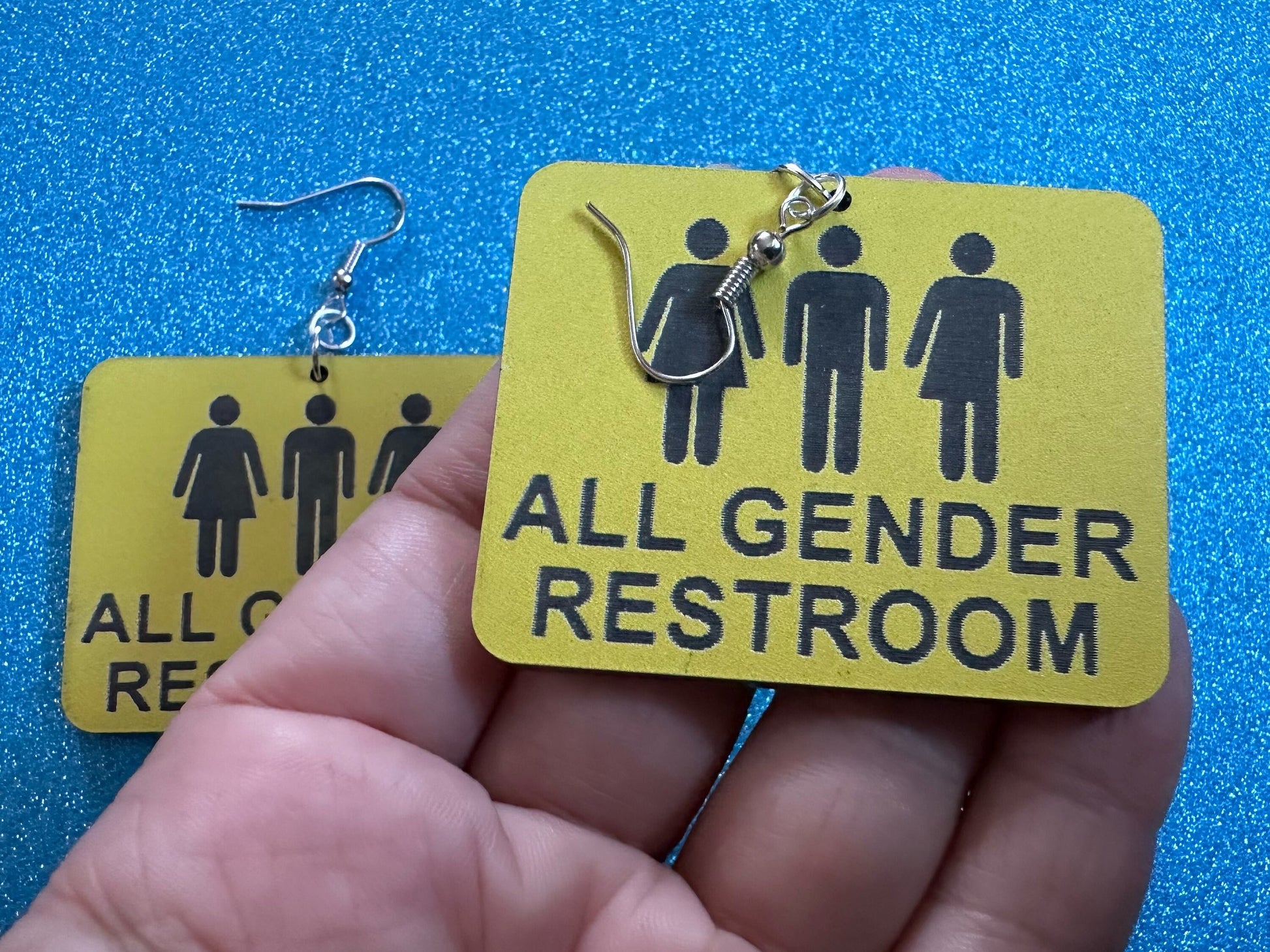 All Gender Restroom Sign Earrings: Laser Cut Acrylic Earrings, Black and Yellow, LGBTQ+, Pride, Inclusive, Best Gifts for Her/Him/Them