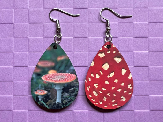 Amanita Mushroom Earrings: Fly Agaric, Mycology, Forest, Foraging, Jewelry, Fairy, Green Earrings, Sublimated, Best Gifts for Her/Him/Them