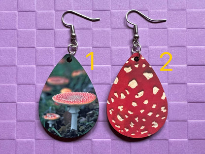 Amanita Mushroom Earrings: Fly Agaric, Mycology, Forest, Foraging, Jewelry, Fairy, Green Earrings, Sublimated, Best Gifts for Her/Him/Them