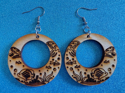 Angel Fish Earrings: Laser Cut Wood Sea Creature, Waves, Ocean, Seaweed, Diving, Tropical Dive, Hawaii, Aquatic, Best Gifts for Her/Him/Them