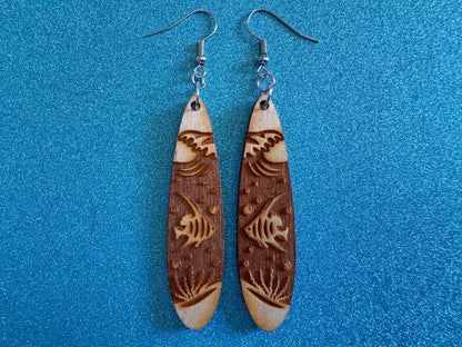 Angel Fish Earrings: Laser Cut Wood Sea Creature, Waves, Ocean, Seaweed, Diving, Tropical Dive, Hawaii, Aquatic, Best Gifts for Her/Him/Them