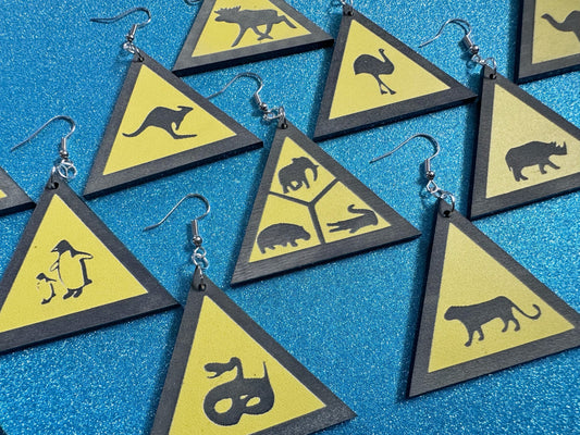 Animal Warning Sign Earrings: Laser Cut Acrylic Signs, Black & Yellow, Driving, Animal, Road Sign, Directions, Best Gifts for Her/Him/Them