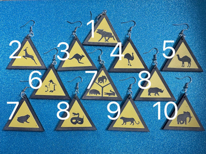 Animal Warning Sign Earrings: Laser Cut Acrylic Signs, Black & Yellow, Driving, Animal, Road Sign, Directions, Best Gifts for Her/Him/Them