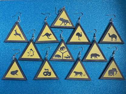 Animal Warning Sign Earrings: Laser Cut Acrylic Signs, Black & Yellow, Driving, Animal, Road Sign, Directions, Best Gifts for Her/Him/Them