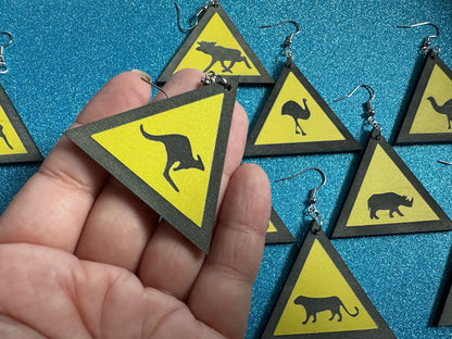 Animal Warning Sign Earrings: Laser Cut Acrylic Signs, Black & Yellow, Driving, Animal, Road Sign, Directions, Best Gifts for Her/Him/Them