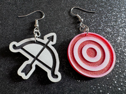 Archery Earrings: Laser Cut Acrylic Bow and Arrow, Bullseye, Play, Fun, Sports, Hobby, Shoot, Bull's Eye, Best Gifts for Her/Him/Them