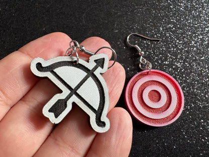 Archery Earrings: Laser Cut Acrylic Bow and Arrow, Bullseye, Play, Fun, Sports, Hobby, Shoot, Bull's Eye, Best Gifts for Her/Him/Them