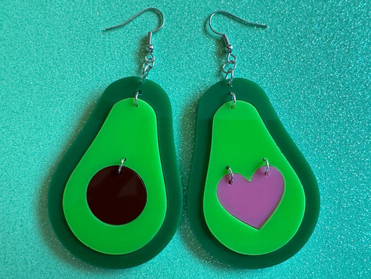 Avocado Earrings: Laser Cut Acrylic Avocados, Love Avocado, Heart, Guac, Guacamole, Fruit, Breakfast, Food Earrings, Gifts for Her/Him/Them