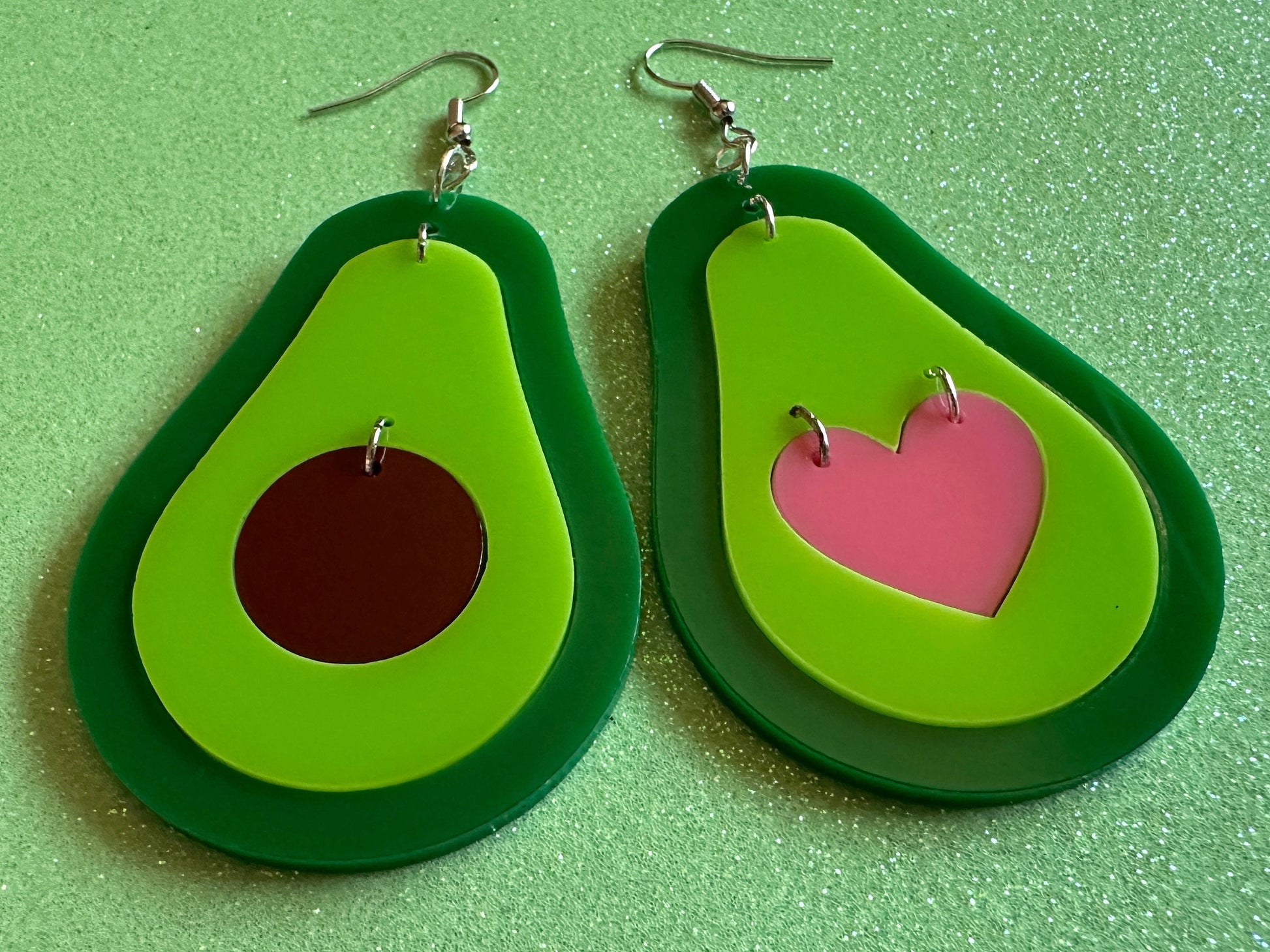 Avocado Earrings: Laser Cut Acrylic Avocados, Love Avocado, Heart, Guac, Guacamole, Fruit, Breakfast, Food Earrings, Gifts for Her/Him/Them
