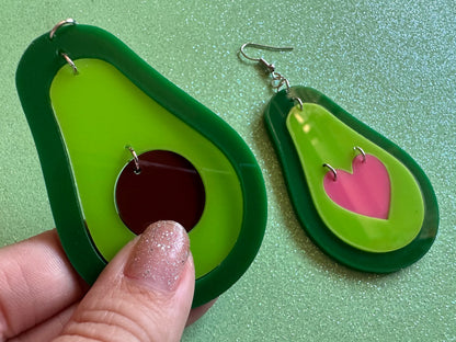 Avocado Earrings: Laser Cut Acrylic Avocados, Love Avocado, Heart, Guac, Guacamole, Fruit, Breakfast, Food Earrings, Gifts for Her/Him/Them