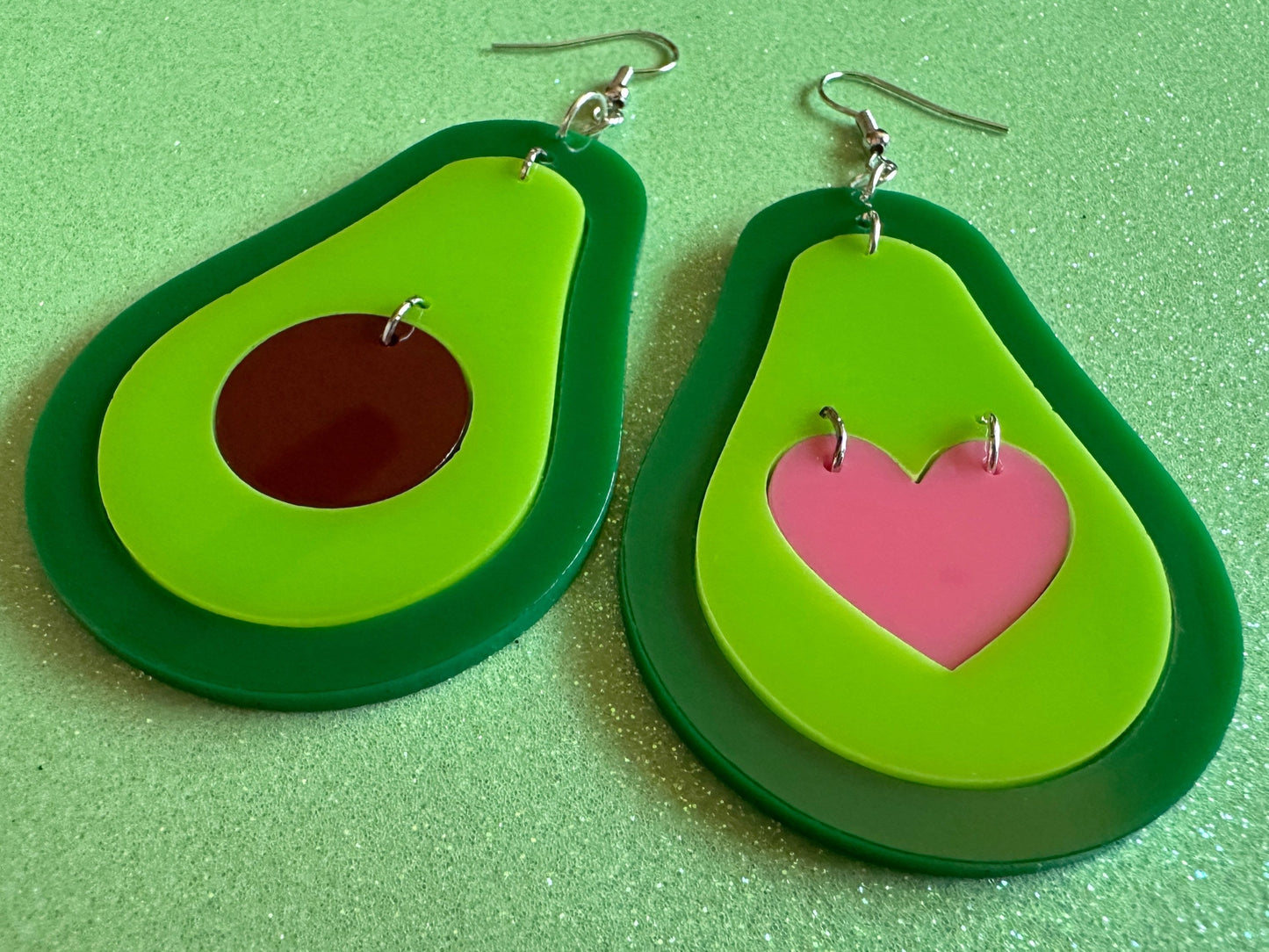 Avocado Earrings: Laser Cut Acrylic Avocados, Love Avocado, Heart, Guac, Guacamole, Fruit, Breakfast, Food Earrings, Gifts for Her/Him/Them