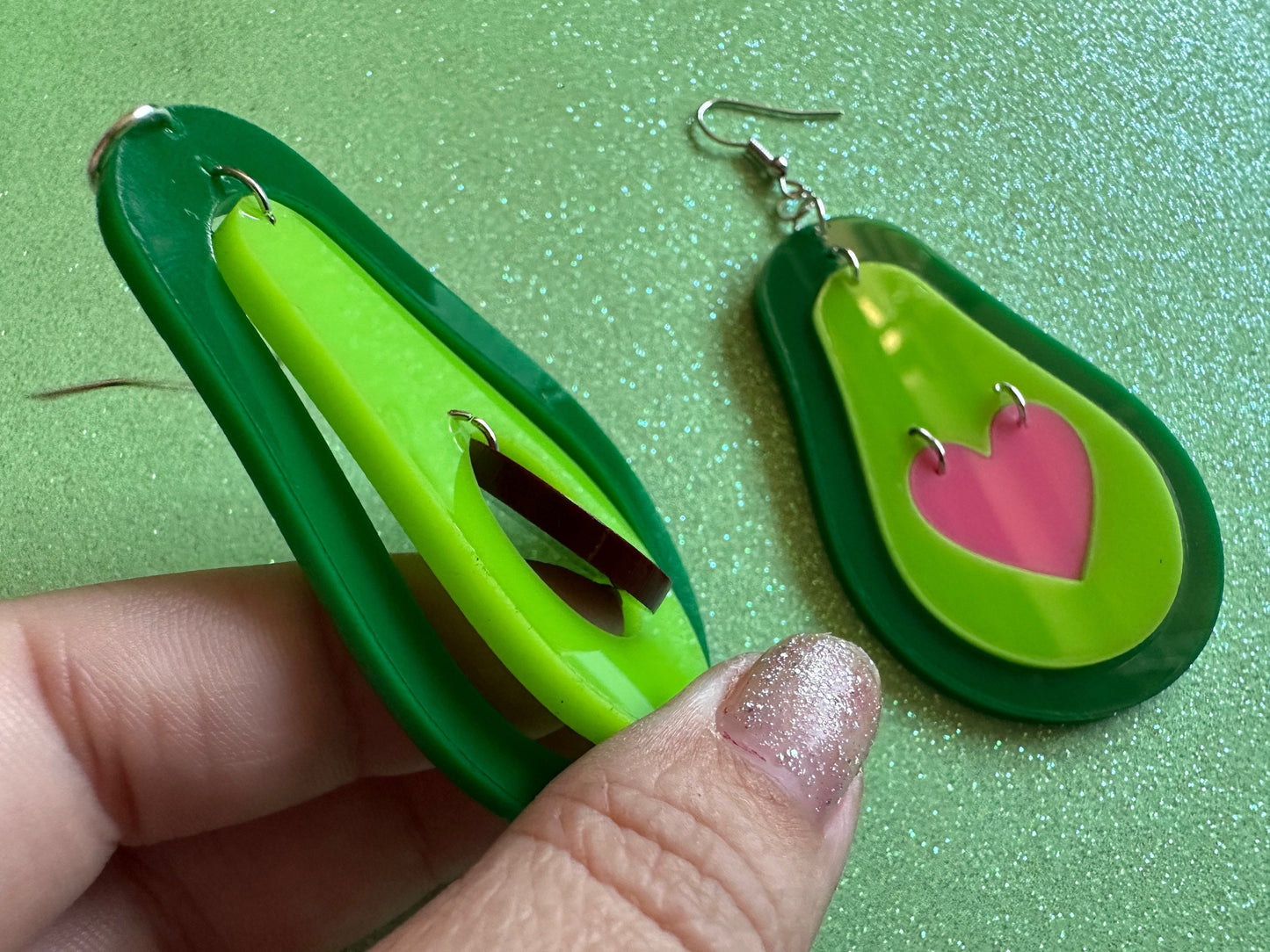 Avocado Earrings: Laser Cut Acrylic Avocados, Love Avocado, Heart, Guac, Guacamole, Fruit, Breakfast, Food Earrings, Gifts for Her/Him/Them