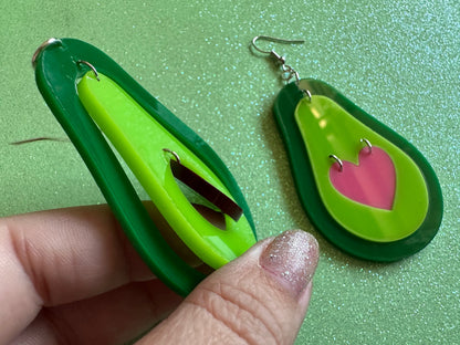 Avocado Earrings: Laser Cut Acrylic Avocados, Love Avocado, Heart, Guac, Guacamole, Fruit, Breakfast, Food Earrings, Gifts for Her/Him/Them