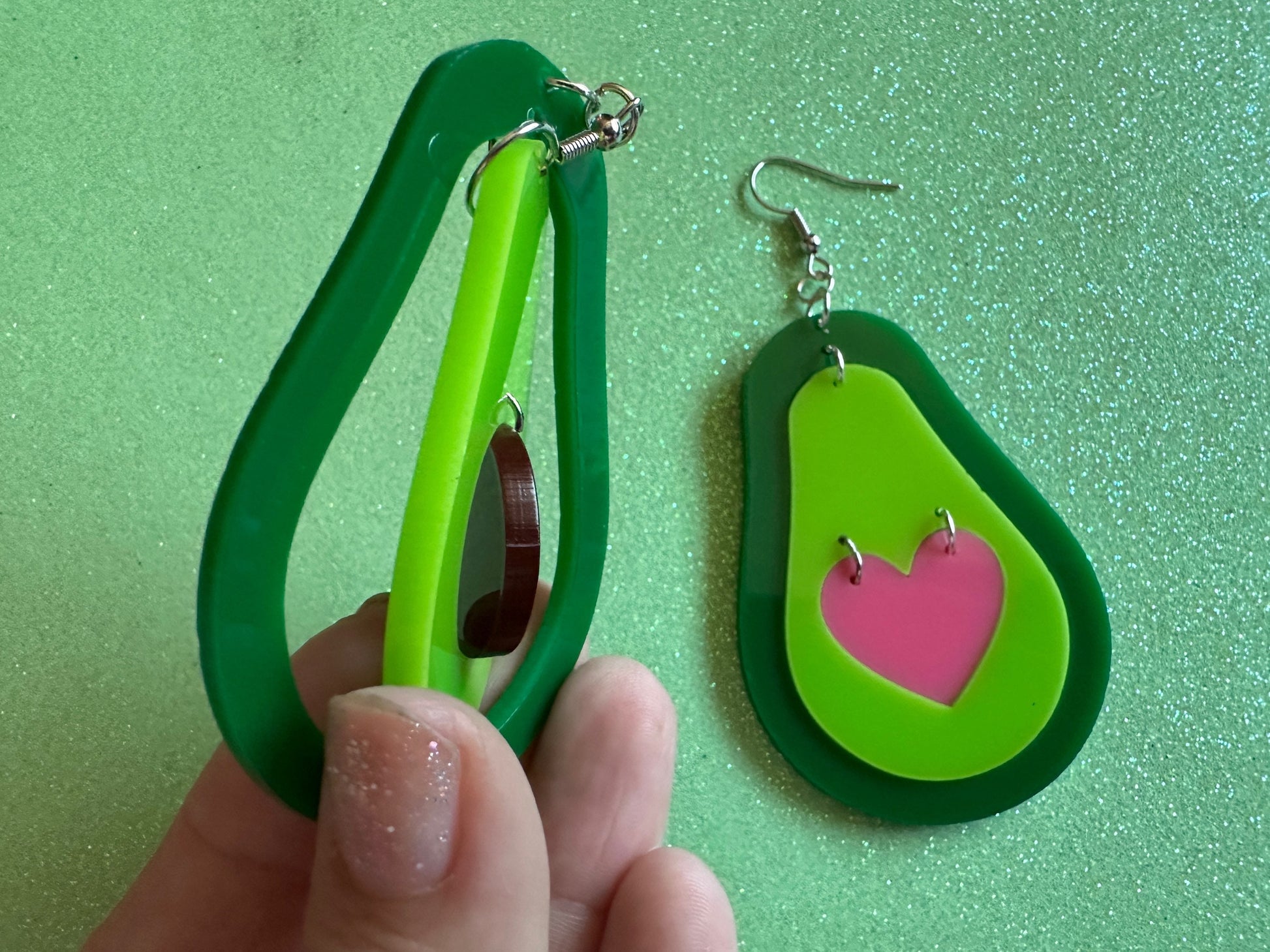 Avocado Earrings: Laser Cut Acrylic Avocados, Love Avocado, Heart, Guac, Guacamole, Fruit, Breakfast, Food Earrings, Gifts for Her/Him/Them