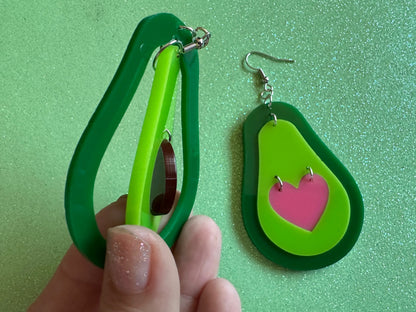 Avocado Earrings: Laser Cut Acrylic Avocados, Love Avocado, Heart, Guac, Guacamole, Fruit, Breakfast, Food Earrings, Gifts for Her/Him/Them