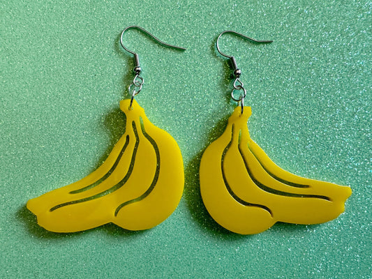 Banana Bunch Earrings: Laser Cut Acrylic Bananas, Fruit, Food Earrings, Breakfast, Food Earrings, Gifts for Her/Him/Them