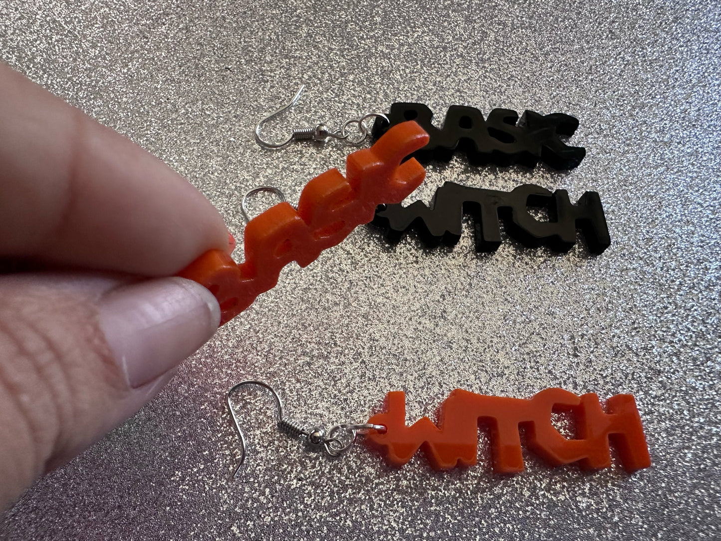 Basic Witch Earrings: Laser Cut Acrylic Halloween Text, Black, Orange, Scary, Spooktastic, Best Gifts for Her/Him/Them