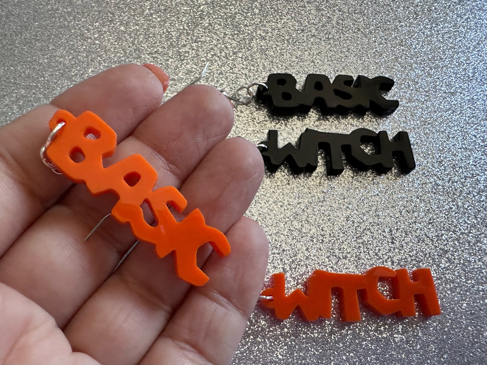 Basic Witch Earrings: Laser Cut Acrylic Halloween Text, Black, Orange, Scary, Spooktastic, Best Gifts for Her/Him/Them