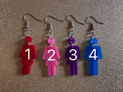 Bathroom Gender Identity Earrings: Laser Cut Acrylic Gender Signs, She/He/They Pronouns, Pride Week, Trans, Best Gifts for Her/Him/Them