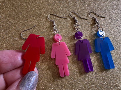 Bathroom Gender Identity Earrings: Laser Cut Acrylic Gender Signs, She/He/They Pronouns, Pride Week, Trans, Best Gifts for Her/Him/Them