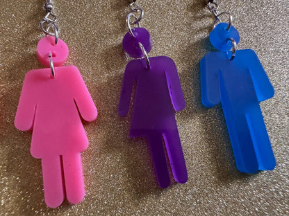 Bathroom Gender Identity Earrings: Laser Cut Acrylic Gender Signs, She/He/They Pronouns, Pride Week, Trans, Best Gifts for Her/Him/Them