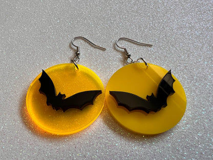 Bats & Full Moon Earrings: Laser Cut Acrylic Halloween Earrings, Silhouette Bats, Vampire, Horror, Scary, Best Gifts for Her/Him/Them