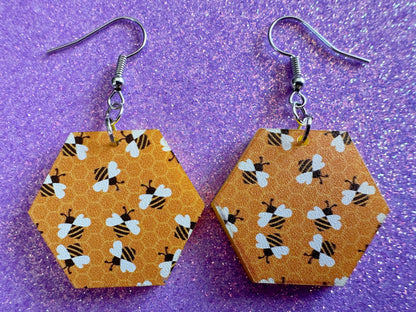 Bee Earrings: Laser Cut Acrylic Honey Bees, Bumblebees, Bumble Bees, Honeybees, Insects, Honey, Yellow, Hive, Best Gifts for Her/Him/Them