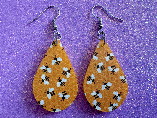 Bee Earrings: Laser Cut Acrylic Honey Bees, Bumblebees, Bumble Bees, Honeybees, Insects, Honey, Yellow, Hive, Best Gifts for Her/Him/Them