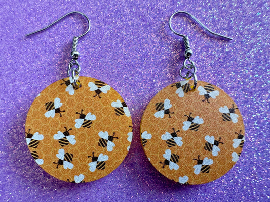 Bee Earrings: Laser Cut Acrylic Honey Bees, Bumblebees, Bumble Bees, Honeybees, Insects, Honey, Yellow, Hive, Best Gifts for Her/Him/Them