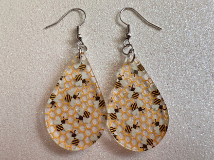 Bee Earrings: Laser Cut Acrylic Honey Bees, Bumblebees, Bumble Bees, Honeybees, Insects, Honey, Yellow, Hive, Best Gifts for Her/Him/Them