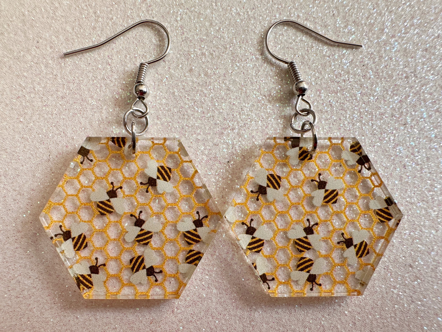 Bee Earrings: Laser Cut Acrylic Honey Bees, Bumblebees, Bumble Bees, Honeybees, Insects, Honey, Yellow, Hive, Best Gifts for Her/Him/Them