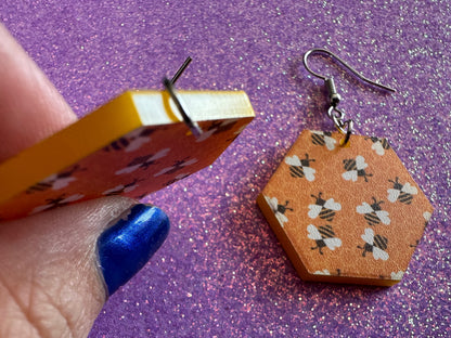 Bee Earrings: Laser Cut Acrylic Honey Bees, Bumblebees, Bumble Bees, Honeybees, Insects, Honey, Yellow, Hive, Best Gifts for Her/Him/Them