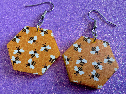 Bee Earrings: Laser Cut Acrylic Honey Bees, Bumblebees, Bumble Bees, Honeybees, Insects, Honey, Yellow, Hive, Best Gifts for Her/Him/Them