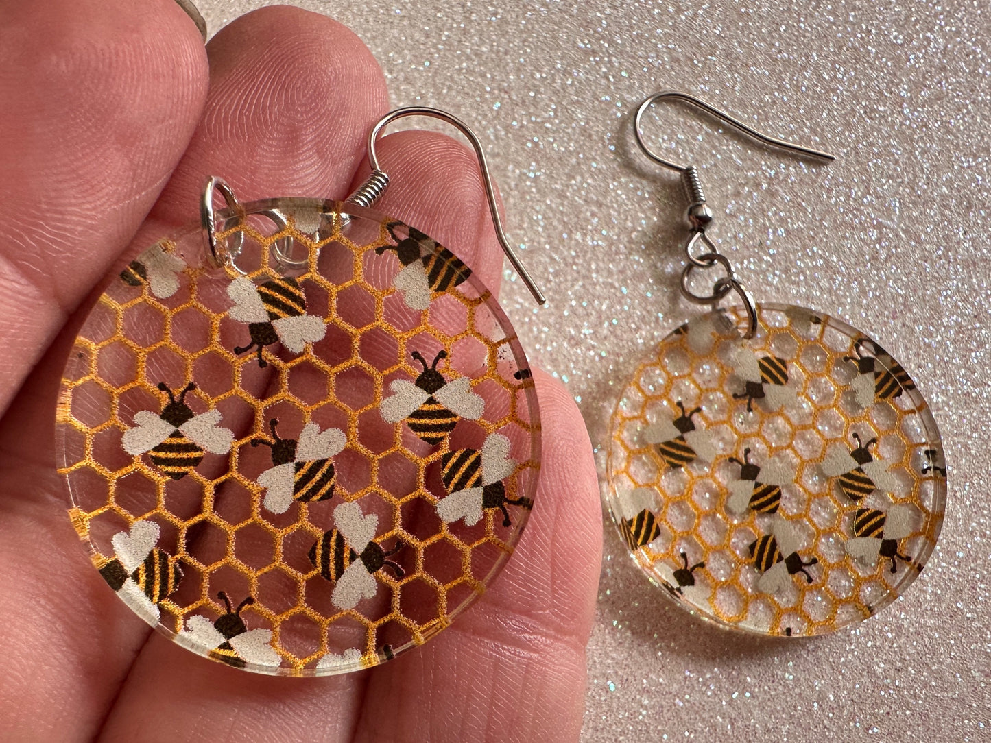 Bee Earrings: Laser Cut Acrylic Honey Bees, Bumblebees, Bumble Bees, Honeybees, Insects, Honey, Yellow, Hive, Best Gifts for Her/Him/Them