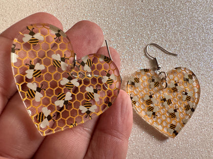 Bee Earrings: Laser Cut Acrylic Honey Bees, Bumblebees, Bumble Bees, Honeybees, Insects, Honey, Yellow, Hive, Best Gifts for Her/Him/Them