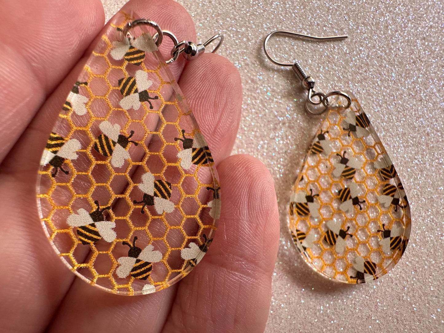 Bee Earrings: Laser Cut Acrylic Honey Bees, Bumblebees, Bumble Bees, Honeybees, Insects, Honey, Yellow, Hive, Best Gifts for Her/Him/Them