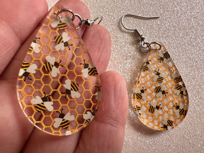 Bee Earrings: Laser Cut Acrylic Honey Bees, Bumblebees, Bumble Bees, Honeybees, Insects, Honey, Yellow, Hive, Best Gifts for Her/Him/Them