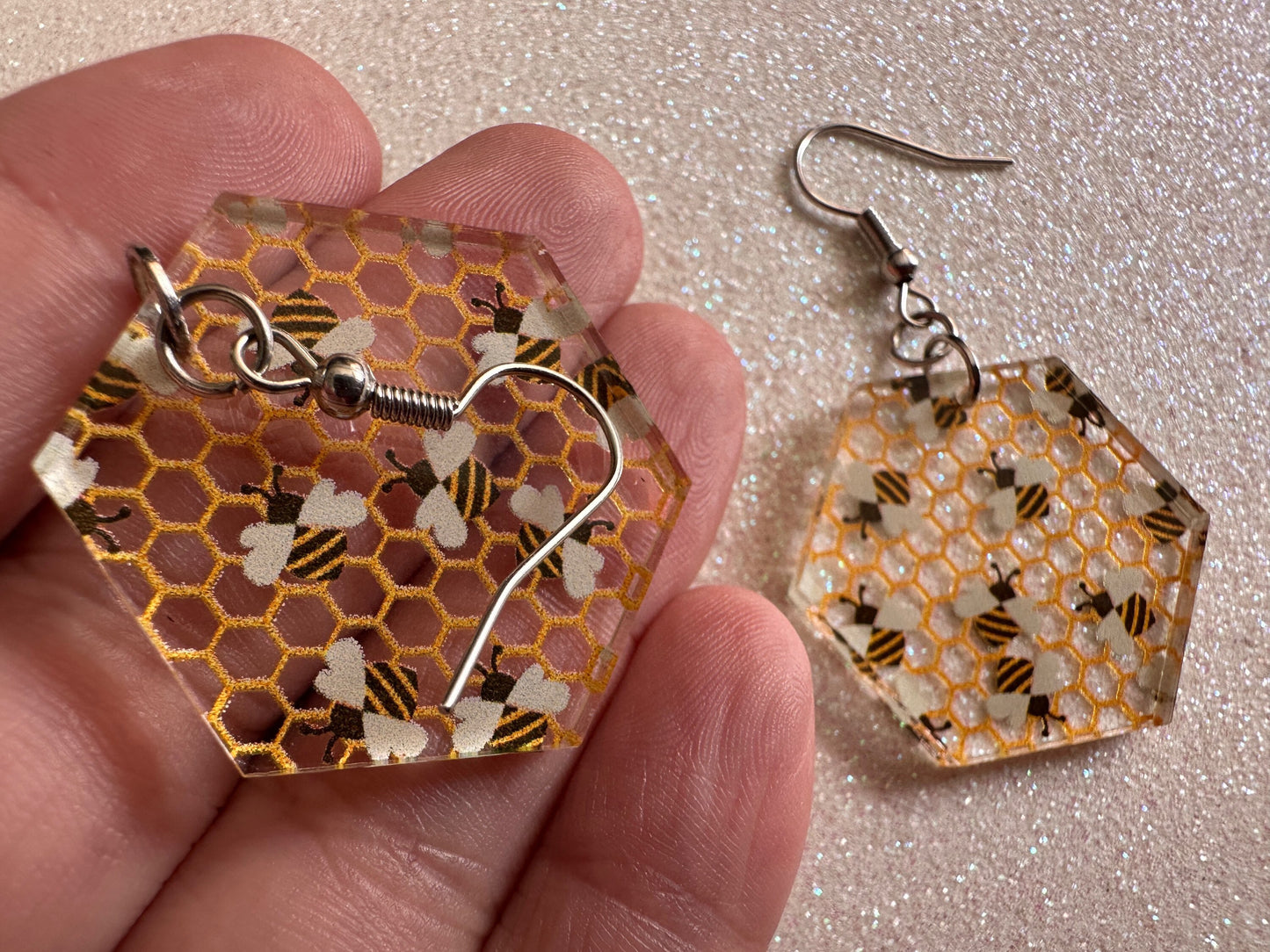 Bee Earrings: Laser Cut Acrylic Honey Bees, Bumblebees, Bumble Bees, Honeybees, Insects, Honey, Yellow, Hive, Best Gifts for Her/Him/Them