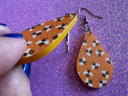 Bee Earrings: Laser Cut Acrylic Honey Bees, Bumblebees, Bumble Bees, Honeybees, Insects, Honey, Yellow, Hive, Best Gifts for Her/Him/Them