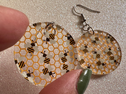 Bee Earrings: Laser Cut Acrylic Honey Bees, Bumblebees, Bumble Bees, Honeybees, Insects, Honey, Yellow, Hive, Best Gifts for Her/Him/Them