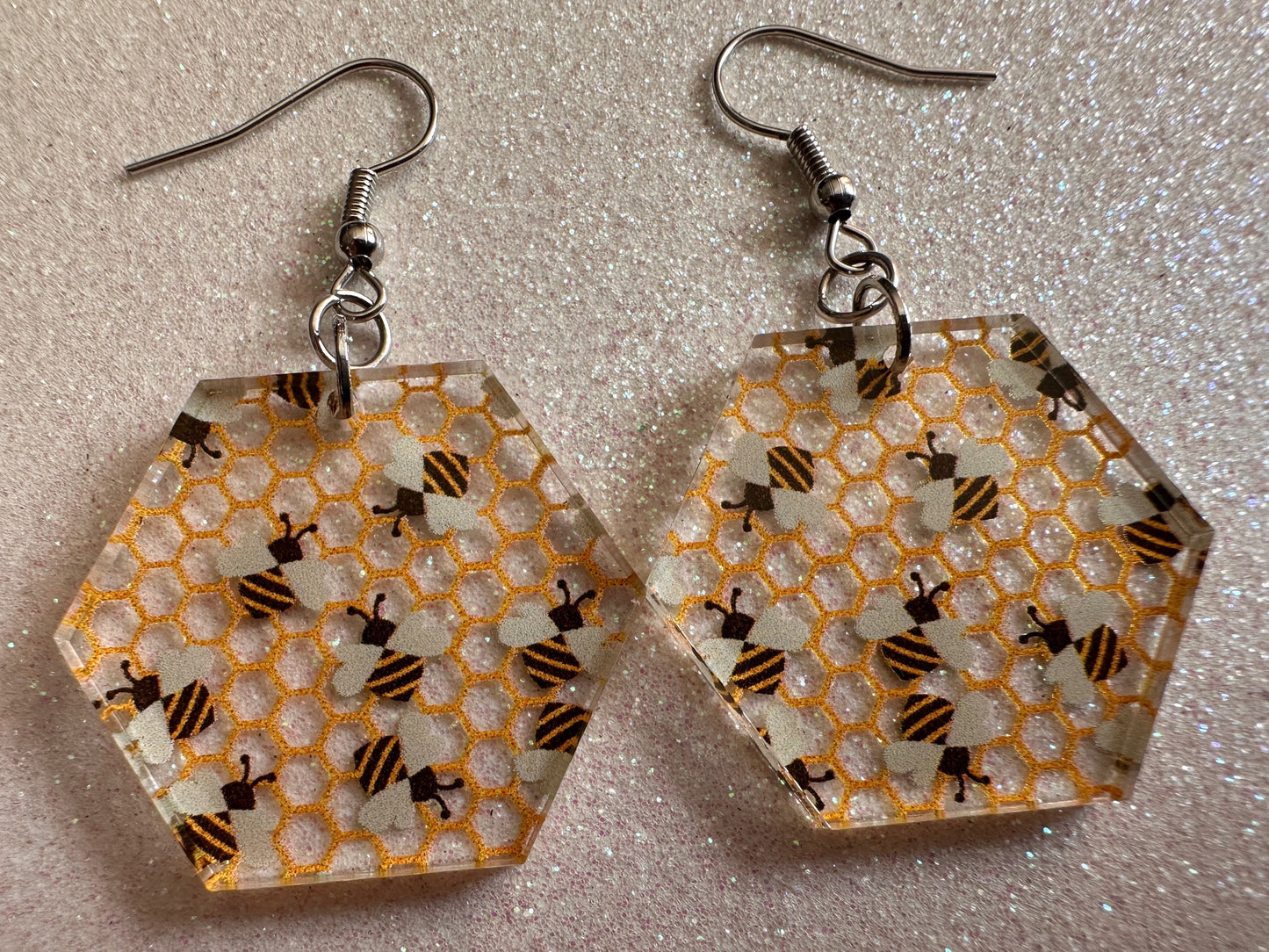 Bee Earrings: Laser Cut Acrylic Honey Bees, Bumblebees, Bumble Bees, Honeybees, Insects, Honey, Yellow, Hive, Best Gifts for Her/Him/Them